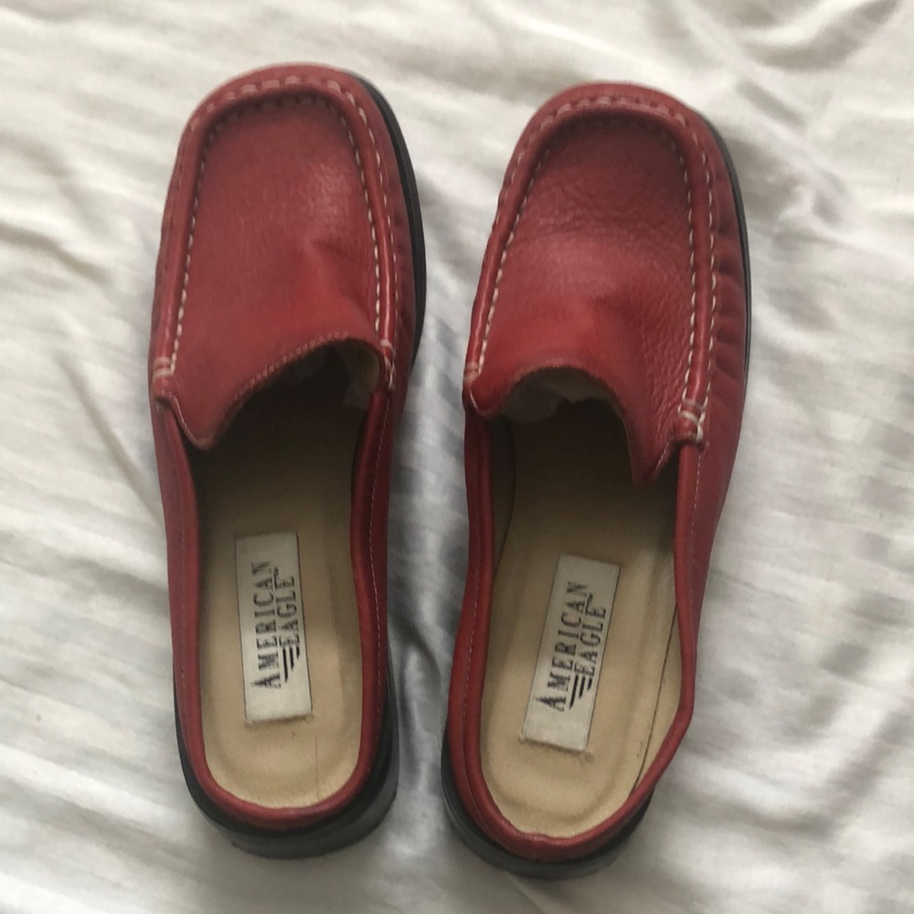 American Eagle, red mules, “Brynne” worn once, size 8 1/2